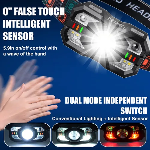 Vista 4 de Linterna frontal recargable, 1200 lúmenes súper brillante LED con sensor de movimiento, 10 modos, impermeable, ligera, linterna con luz roja
