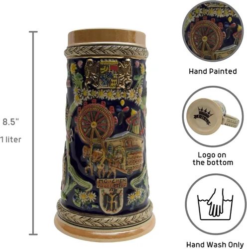 Vista 2 de Essence of Europe Gifts Taza grande de jarra de cerveza de 1 litro pintada a mano grabada Munich Alemania Oktoberfest Beer Stein Beer Stein Tazas