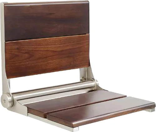 Vista 15 de Asiento de ducha plegable montado en la pared con respaldo Capacidad de carga máxima de 500 libras Asiento de ducha de teca compatible con ADA