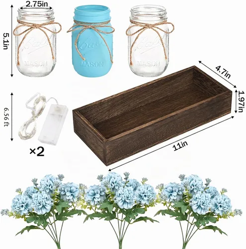Vista 3 de BLEUM CADE Decoración de mesa de centro de mesa, 3 piezas de flores artificiales de hortensias en frascos Mason con bandeja de madera para mesa