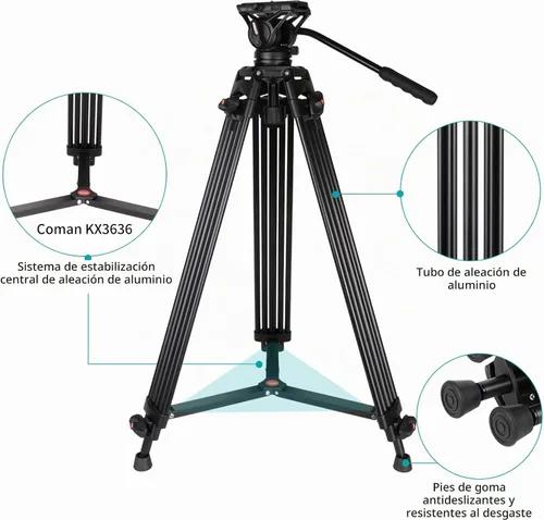 Vista 4 de COMAN KX3636 - Kit de trípode resistente con cabezal fluido de video + trípode universal para fotografía Dolly
