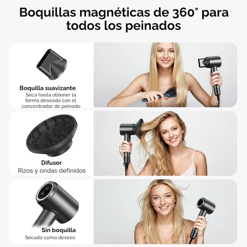 Vista 4 de Secador de pelo, motor sin escobillas de 150000 RPM con iones negativos de 500 M, diseño ligero de secado rápido, termocontrol y boquilla