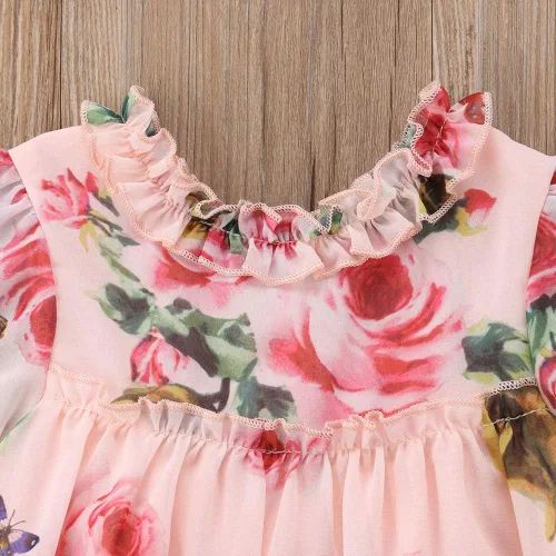 Vista 4 de Vestido de princesa con volantes y estampado de flores para niñas pequeñas