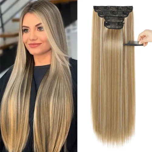 Vista 17 de REECHO - Juego de 4 extensiones de cabello sintético con clip de 12 pulgadas, 14 pulgadas y 16 pulgadas, lacio, largo y grueso, marrón oscuro