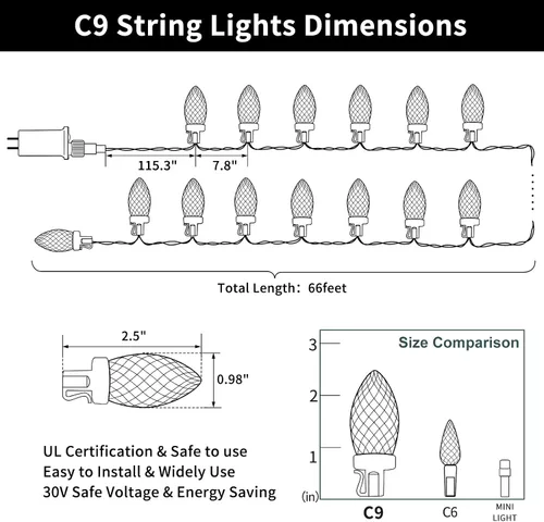 Vista 7 de ZAIYW Tira de luces de Navidad C9 de 66 pies, 100 luces LED de fresa, enchufe UL, tira de luces C9, cable verde, impermeable, para aleros de techo