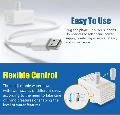Vista 5 de Bomba de agua sumergible de 200 l/h, ultra silenciosa, USB, bomba de fuente pequeña con 2 boquillas para acuario, fuente de pecera, hidropónico
