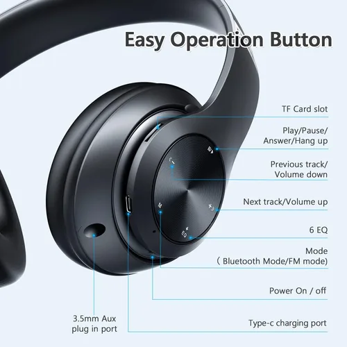 Vista 5 de Auriculares Bluetooth sobre la oreja, 60 horas de reproducción, plegables, inalámbricos, Bluetooth Hi-Fi estéreo de graves profundos con 6 modos