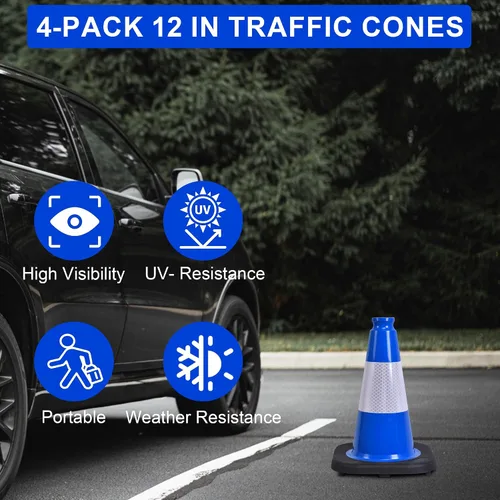 Vista 4 de OrangeStar Conos de tráfico de 12 pulgadas, paquete de 4 conos de seguridad azules con collares reflectantes, base resistente para práctica