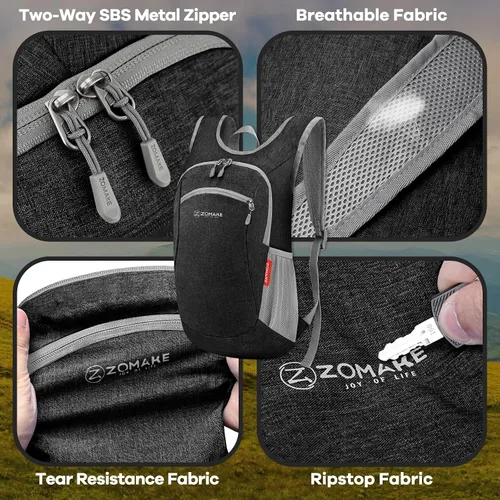 Vista 4 de ZOMAKE Mochila plegable ultraligera de 10 litros, mochila plegable pequeña, resistente al agua, mochila plegable para mujeres y hombres (negro-A1)