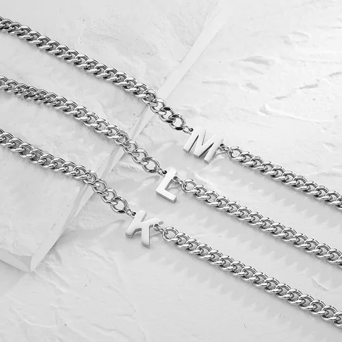 Vista 6 de DuoDiner Collar de cadena de eslabones cubanos con inicial A-Z para niños, hombres y mujeres, colgante de letra, acero inoxidable, 0.256in, 18+2