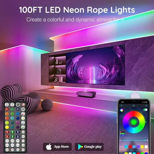 Vista 2 de SINLEY Tira de luces LED de neón de 100 pies, control con aplicación/control remoto, luces de cuerda LED flexibles, múltiples modos, luces de neón