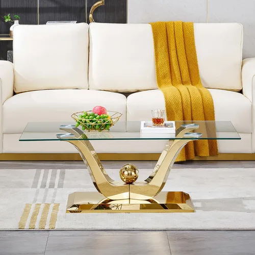 Vista 3 de Mesa de centro de cristal dorado de lujo para sala de estar con A-dorado1