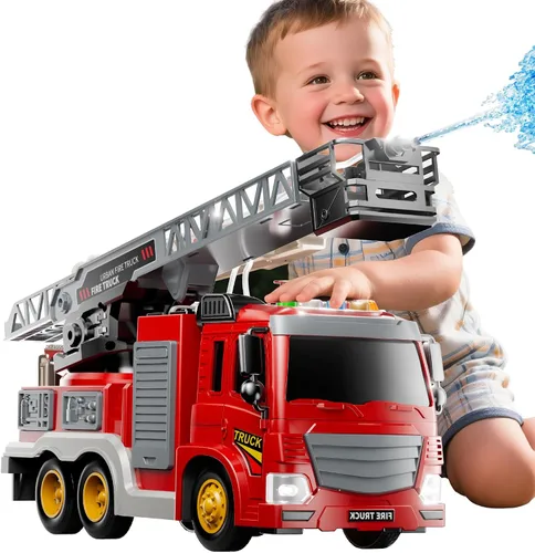 Vista 9 de JUKUDAHU Camión de bomberos de juguete para niños de 3, 4, 5, 6, 7, 8 años, juego de camiones de bomberos con escalera giratoria, sonido y luz