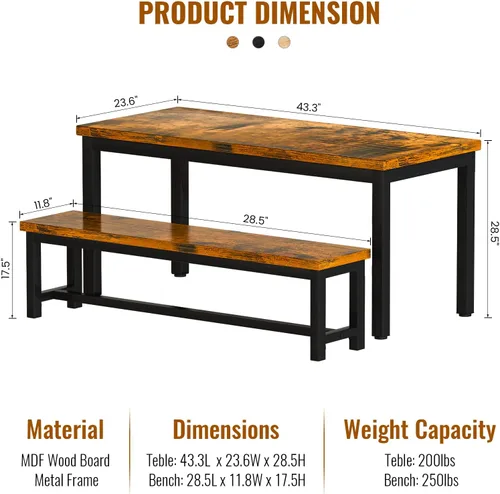 Vista 4 de Elegante juego de mesa de comedor de 3 piezas de 43.3 pulgadas para 4 personas con banco, diseño compacto que ahorra espacio, duradera y fácil