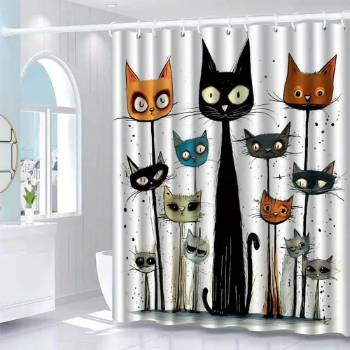 Vista 3 de Divertidos juegos de cortinas de ducha con diseño de gato, bonita cortina de ducha para niños, tela lavable y duradera, cortina de ducha de 72 x 72