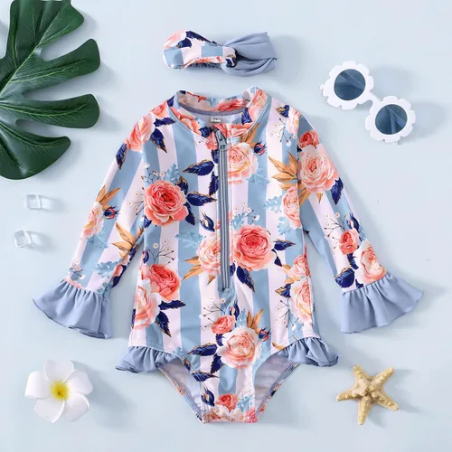 Vista 6 de Maacie Traje de baño de una pieza para niña pequeña, protección solar de manga larga con diadema