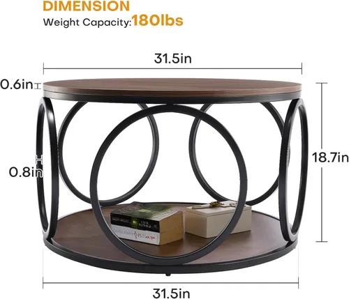 Vista 2 de BECHAEO Mesa de centro redonda de 31.5 pulgadas con almacenamiento, mesa de centro vintage de 2 niveles para sala de estar, parte superior de madera