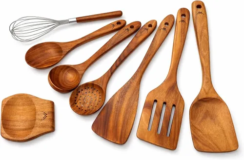 Vista 14 de Cuchara de madera de teca de mango largo de 12 pulgadas para cocinar con soporte de cuchara grande de teca, cucharas de madera de primera calidad