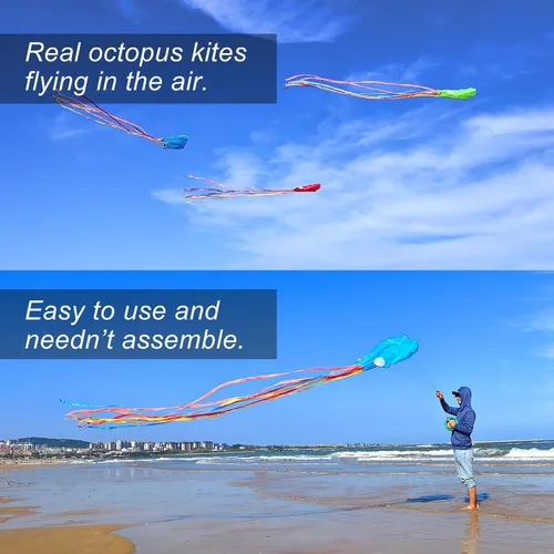 Vista 5 de Cometas de pulpo para niños y adultos fáciles de volar, 24 x 158 pulgadas, kit de cometa grande y suave para niños y niñas, juego de cometa de playa