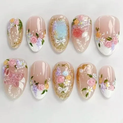 Vista 23 de Uñas postizas cortas en forma de almendra SWEKKE con punta francesa, uñas falsas con diseños de flores 3D en amarillo y rosa, uñas adhesivas
