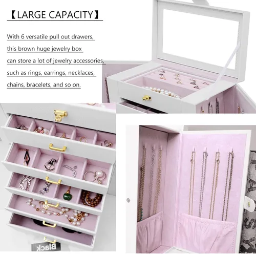 Vista 4 de AKOZLIN - Organizador de joyería extra grande de 6 niveles con espejo, estuche de joyería de cuero con 5 cajones para mujeres y niñas, para anillos