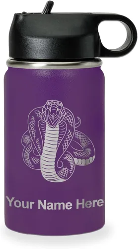 Vista 38 de LaserGram Botella de agua personalizada, serpiente de cobra, acero inoxidable de doble pared aislada al vacío con popote superior, regalo grabado