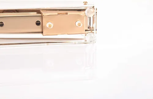 Vista 4 de Elegante grapadora de acrílico ultra transparente para suministros de oficina, grapadora de escritorio dorada mate con 1000 grapas para accesorios