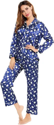Vista 4 de SWOMOG - Conjunto de pijama de dos piezas, de satén de seda con botones, para mujer