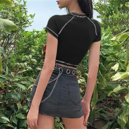 Vista 5 de Camiseta corta de manga corta con cuello redondo y estampado de letras para mujer