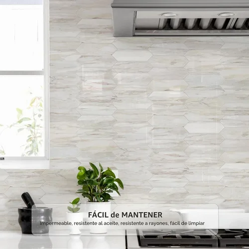 Vista 3 de Vamos Tile 1 hoja de azulejos brillantes con veta de mármol de madera para protector contra salpicaduras, despegar y pegar, azulejos de pared Grano