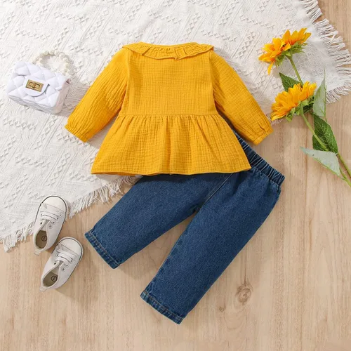 Vista 3 de JOPGEEY Toddler Girl Outfits Baby Girl Denim Jeans Clothes Winter Ruffle Shirt Top Ripped Jeans Pants Set