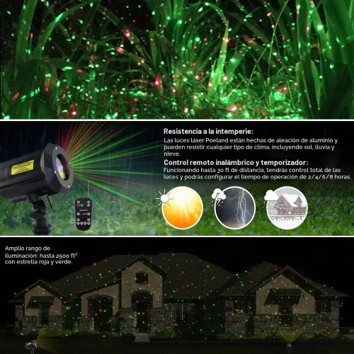Vista 4 de Poeland Luces de jardín con láser en movimiento Luces de Navidad Proyector de estrellas para el hogar y el jardín Rojo/Verde