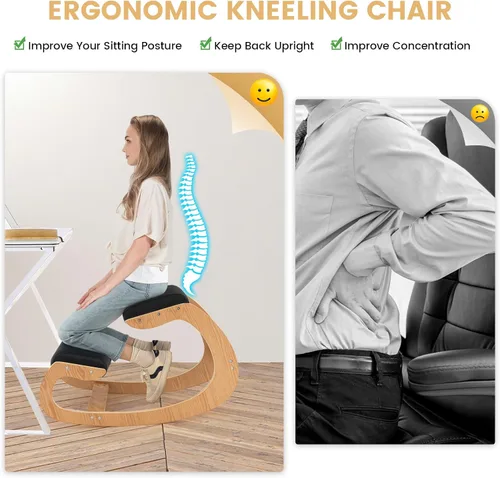 Vista 5 de GIANTEX Silla ergonómica de rodillas, silla de postura para escritorio con cojín, marco de madera maciza, carga máxima de 330 libras, cómoda silla