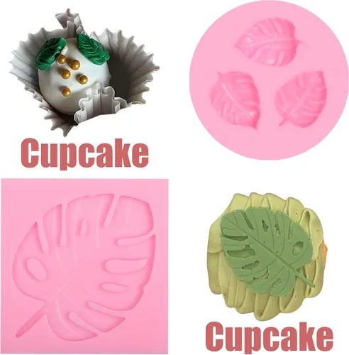Vista 4 de Moldes de silicona para fondant de chocolate de dinosaurio, 4 piezas, hojas tropicales de dinosaurio, hojas de Monstera, molde de silicona