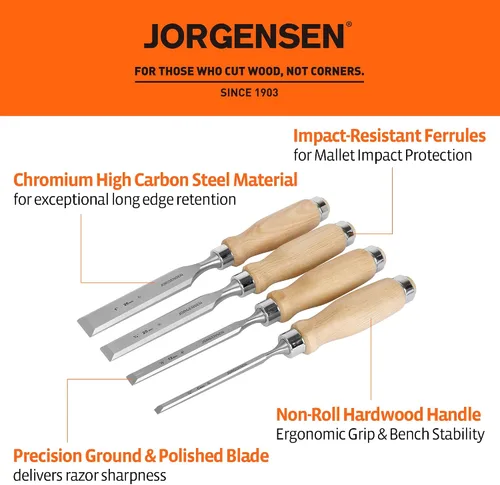 Vista 2 de Jorgensen - Juego de 4 cinceles de madera, cinceles de acero de aleación de cromo con borde biselado, cinceles de madera para carpintería, mango