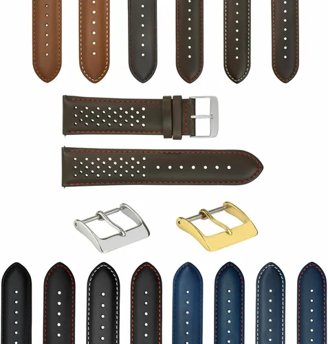 Vista 15 de Ewatchparts Correa de reloj de piel perforada de 18-19-20-21-22-0.906-0.945 in compatible con Rolex Quick Release Negro y dorado