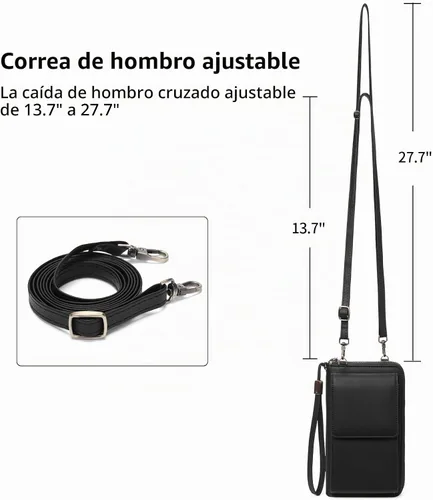 Vista 6 de SENDEFN Bolso cruzado pequeño para teléfono celular para mujer, de cuero, con múltiples ranuras para tarjetas A01-negro