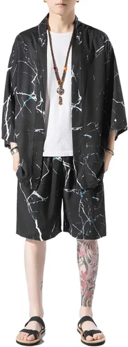 Vista 3 de Ambcol Men's Japanese Style Kimono Tops Shorts Sets Lightweight Casual 34 Sleeve Open Front Cardigan Suits