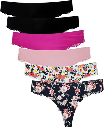Vista 2 de Tangas para mujer, sexy, con encaje en la espalda, con estampado floral, invisibles, invisibles, sin costuras, paquete de 6, tallas pequeñas a