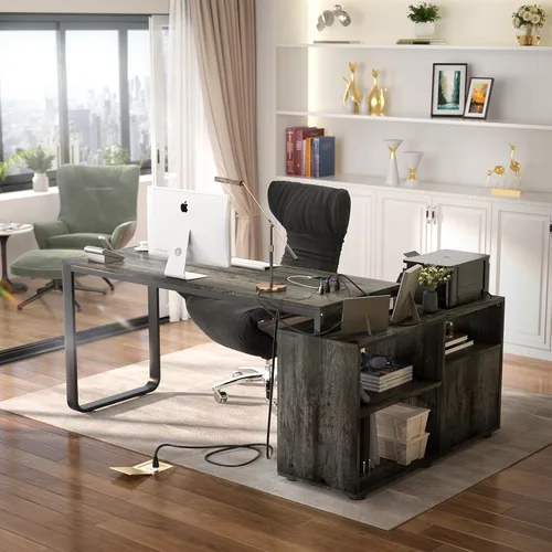 Vista 2 de Homieasy Escritorio en forma de L con archivador y toma de corriente, escritorios reversibles de esquina grandes de 55 pulgadas con tira LED