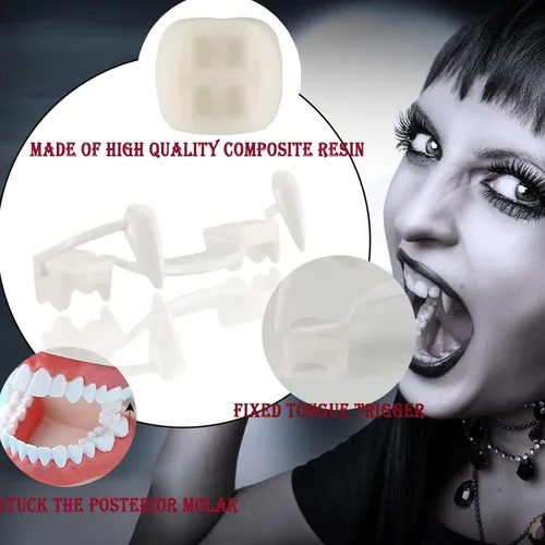 Vista 4 de OMKNEPS 2 pares de colmillos de vampiro, dientes de hombre lobo, cosplay, tirantes retráctiles, fiesta de Halloween, colmillos falsos para adultos