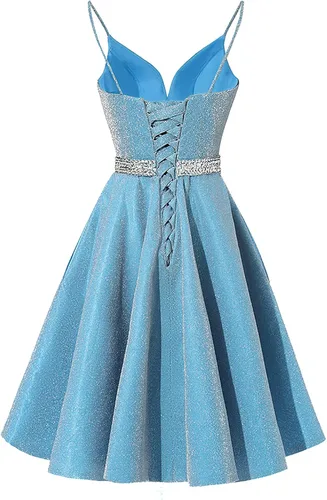 Vista 3 de Yexinbridal Vestido corto de satén con tirantes delgados con cuello en V con cuentas para fiesta de noche