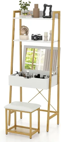 Vista 8 de COSTWAY Juego de escritorio con espejo abatible, mesa de tocador con escalera y taburete acolchado con 4 compartimentos de almacenamiento, pequeño