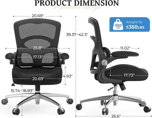 Vista 2 de Silla ergonómica de oficina - Soporte lumbar ajustable Silla cómoda de malla resistente de 350 libras con brazos abatibles, sillas