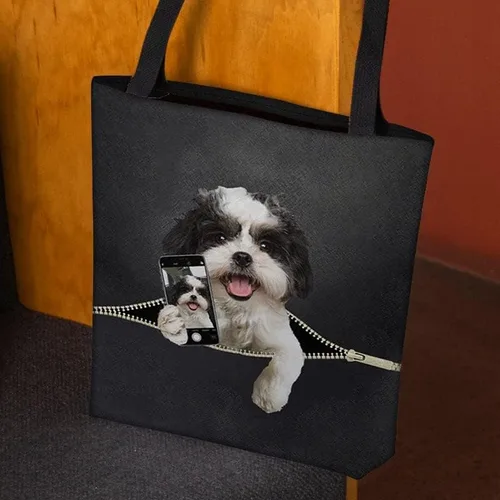 Vista 2 de Do You Like My Selfie Shih Tzu Dog - Bolsa de mano para perro, color blanco y negro, Shih Tzu Dog Love Selfie casual para amantes de Shih Tzu