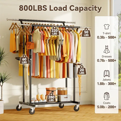 Vista 2 de Perchero de ropa resistente: 800LBS Perchero de ropa con ruedas para colgar abrigos, barras dobles, estantes de tela portátiles con ruedas Estante