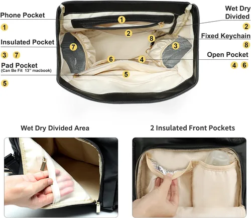 Vista 2 de miss fong Mochila para pañales para bebé niño y niña, bolsa de cuero para bebé con 13 bolsas de organización de pañales, cambiador, correas
