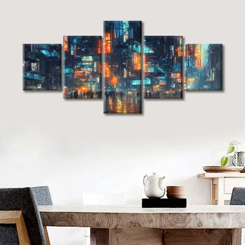 Vista 219 de Cuadros de 5 paneles de Cyberpunk City, arte de pared, representación de vallas publicitarias, edificios modernos en la capital con obras de arte