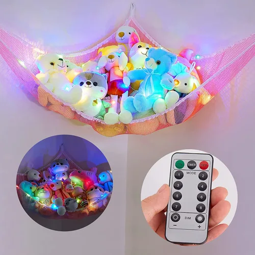 Vista 9 de Basumee Hamaca de animales de peluche con luz LED, organizador de red de juguetes de peluche, organizador de esquina para almacenamiento de animales