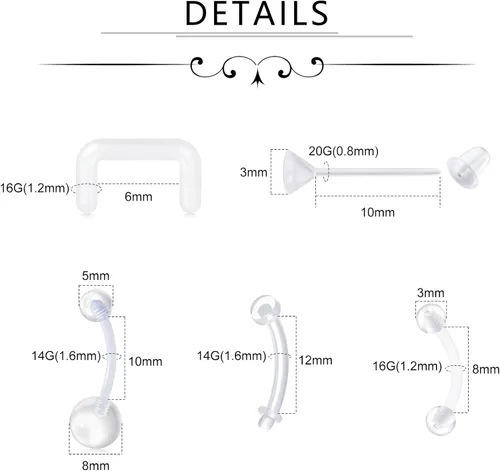 Vista 4 de Piercing para la nariz con pin de hueso Bioflex transparente de 0.71 oz, 0.71 oz, 0.71 oz, para mujeres y hombres